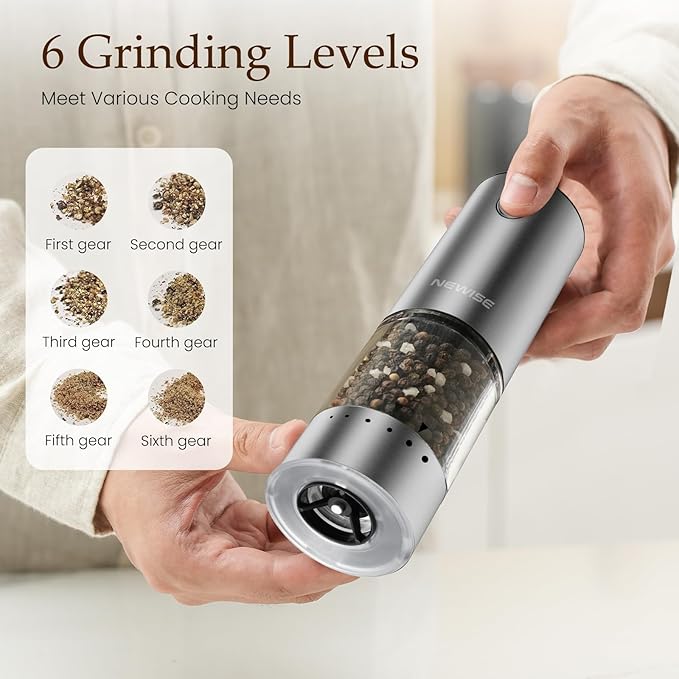 Newise Electric Salt and Pepper Grinder Set - Rechargeable Stainless Steel Salt and Pepper Shakers with LED Lights, Adjustable Coarseness, Large Capacity, Gifts for Women