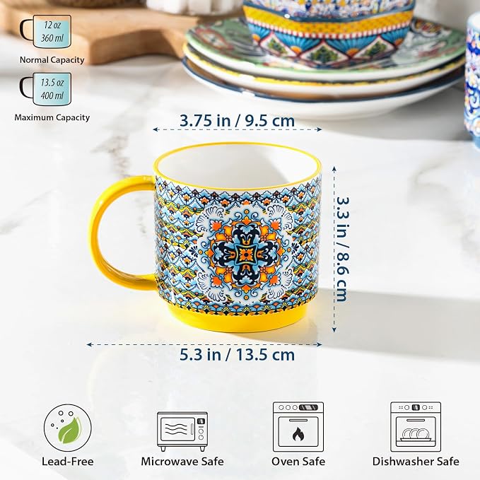HENXFEN LEAD Coffee Mugs Set of 6, 12 oz Stackable Ceramic Coffee Cups with Large Handles, Boho Mug Set for Coffee, Tea & Hot Cocoa, Dishwasher & Microwave Safe