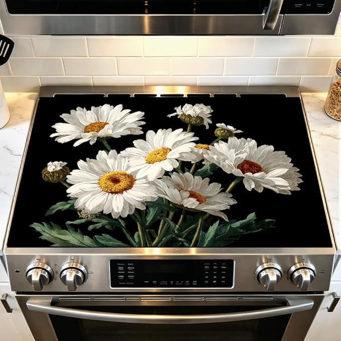 Stove Top Cover for Electric Stove 28.4 x 20.5 Inch Non Slip Stove Mat Oil Proof White Daisy Glass Cooktop Protector Kitchen Counter Mat