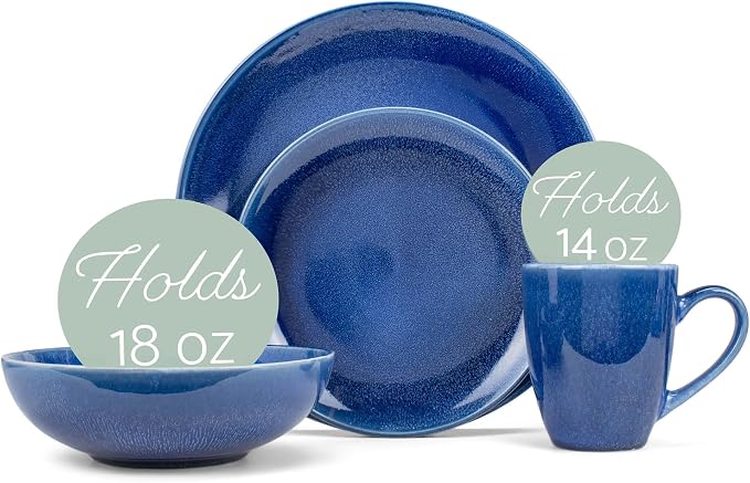 Elanze Designs Reactive Glaze Stone Ceramic Plates Bowls Mugs Classic Dinnerware 16 Piece Set - Service for 4, Blue