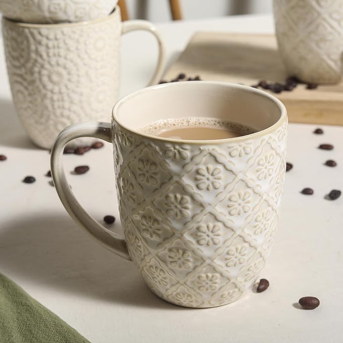 16OZ Ceramic Embossed Coffee Mugs Set, Large White Coffee Cups with Handles, Porcelain Mug Sets with Patterns for Milk, Tea, Latte, Cocoa, Mocha, Cappuccino, Dishwasher Safe, Cups Set Gift (4PCS)