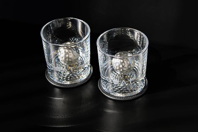 NobleSip® Whiskey GOLF Glasses 𝗣𝗥𝗘𝗠𝗜𝗨𝗠 Set: 2 Glasses, 2 Steel Chilling Balls, 2 Coasters. Best way for a player, fan to enjoy his Old Fashioned Cocktails. Golfer bourbon home bar gift