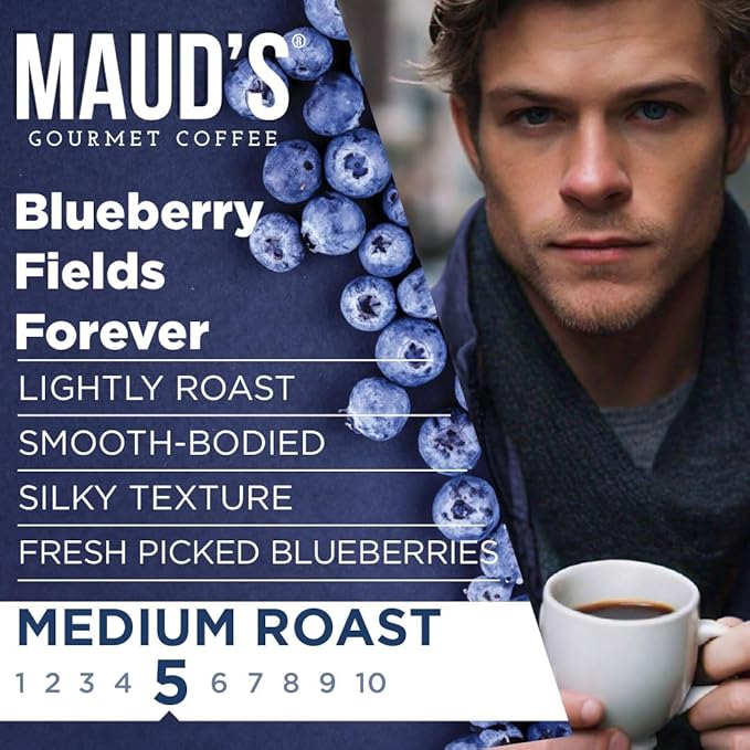 Maud's Blueberry Flavored Coffee Pods, 18 ct, Medium Roast Flavored Coffee in Single Serve Pods – 100% Arabica Beans, Compatible with Keurig K Cups Maker