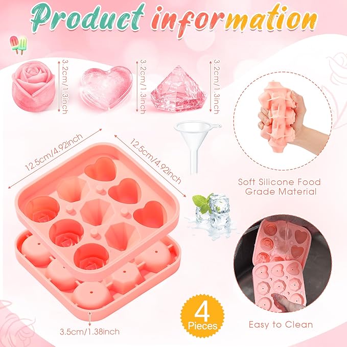 Censen 4 Pcs Silicone Rose Heart Diamond Ice Cube Mold 3D Mold with Covers 9 Cavity Easy Release Cube Tray Easy Release Form for Whiskey Bourbon Cocktails Wine Coffee Juices and More
