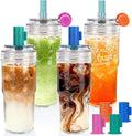 ANOTION Bamboo Mason 24oz Glass Tumbler with Straw Leakproof Lid, Cap Cup Mason Jar 4 Color Caps, Self-Assembly Leak-Proof Lid Straw, Reusable Iced Coffee Cup, Mason Jar Drinking Glass Coffee Gifts