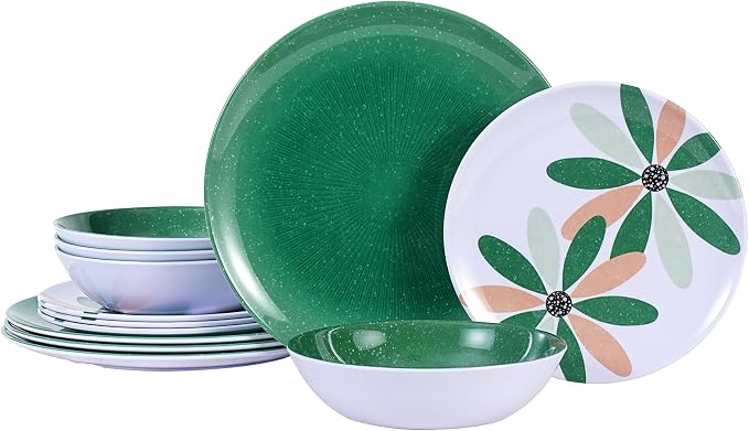 Outdoor Melamine Dinnerware Set 12 Pieces, Spring Party Green Flowers