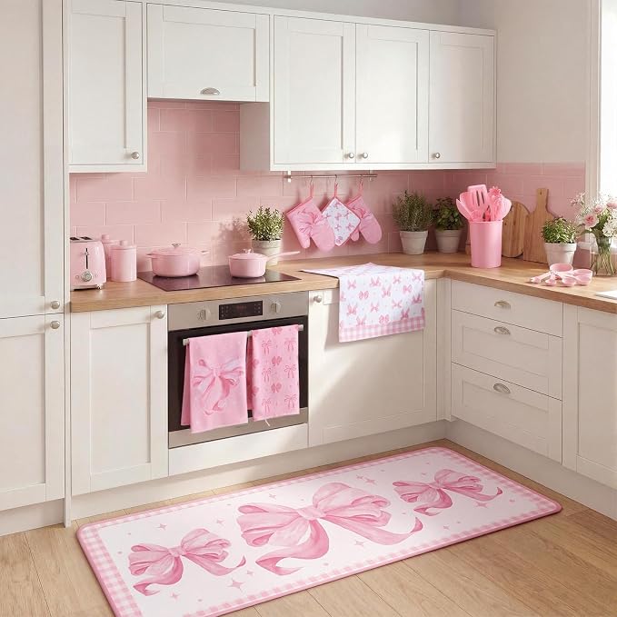 Fourluoo 30 Pcs Pink Bow Kitchen Decor and Utensils Set Pink Kitchen Towels and Rugs Oven Mitts and Pot Holders Non Toxic Silicone Utensils Set Heat Resistant Dishwasher for Women Mom Gift Cooking