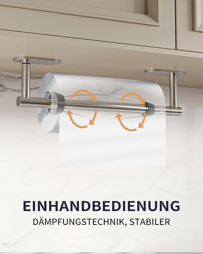 Paper Towel Holder Under Cabinet, Self Adhesive or Wall Mount for Kitchen Bathroom, Stainless Steel Paper Towel Holders with Damping Effect, Single Hand Operable (Silver)