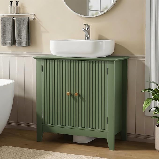 Under Sink Bathroom Cabinet with U-Shape Cutout for Pedestal Sink, Storage Cabinet with 2 Doors, Adjustable Shelf, Freestanding Floor Cabinet, Space-Saving Organizer for Bathroom (Green)