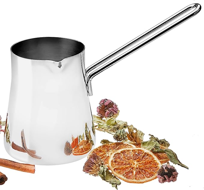 Crystalia Turkish Coffee Pot 18/10 Stainless Steel, Stove Top Tea Maker, Milk Warmer, Greek Arabic Coffee Cezve Briki, 15 oz (Silver, Small)