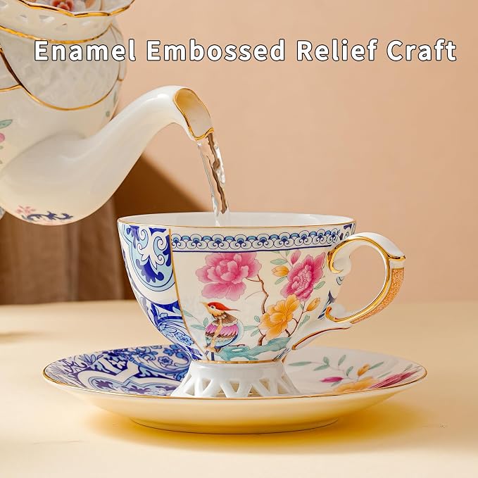 Bone China Cup & Saucer Set, Ceramic Coffee Cup with Gold Trim, Porcelain Floral Tea Cup with Saucer & Spoon, Food Grade Coffee Mug for Women, Tea Party, Gifts Giving, 6.8 oz