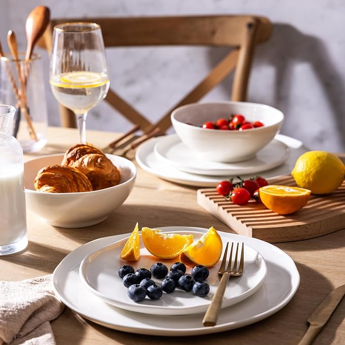 LERATIO Ceramic Dinnerware Sets for 6,Porcelain Plates and Bowls Sets with Wavy Edge, Oven &Microwave & Dishwasher Safe,Light Weight & Scratch Resistant Dishes Sets-Service for 6 (18pcs)-Peal White