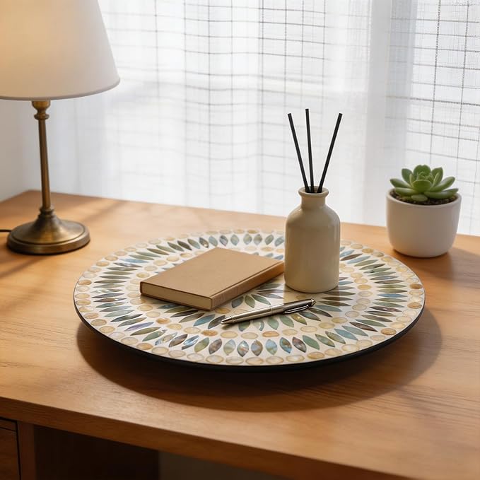 13.4" Mother of Pearl Lazy Susan, Table Centerpiece Round Shell Decorative Lazy Susan Turntable Rotating Tray Organizer for Cabinet Counter Gift Kitchen Office Cafe Home Decor (Dot Blue)