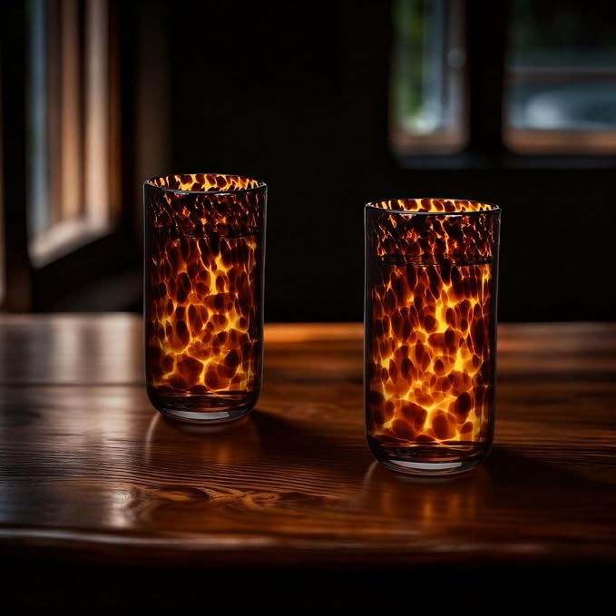 Honeydak Set of 6 Tortoise Leopard Print Brown 16 oz Rocks Glasses Stylish Stemless Cocktail Cups Glass Glassware Tumbler Ideal for Gin, Tequila, Vodka, Soft Drinks