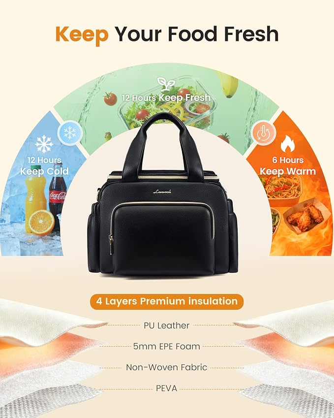 LOVEVOOK Insulated Lunch Bag for Women, PU leather Lunch Box with Shoulder Strap, Wide Opening Adult Large Lunch bags for Work Picnic Beach Family Camping Outdoor Teacher