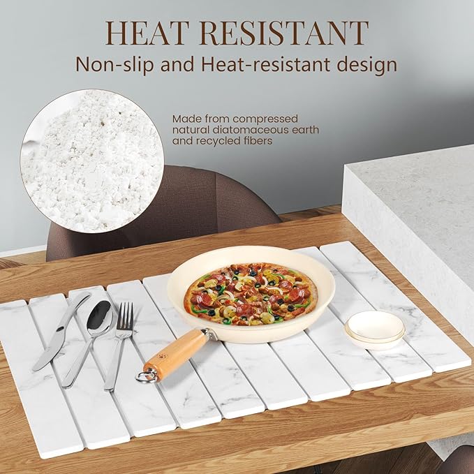Large Stone Dish Drying Mats for Kitchen Counter 24"(L)×16"(W) Foldable Quick Dry Stone Dish Drying Mats Kitchen Absorbent Diatomaceous Earth Drying Stone Mat for Dishes Bottles Cups Marble White