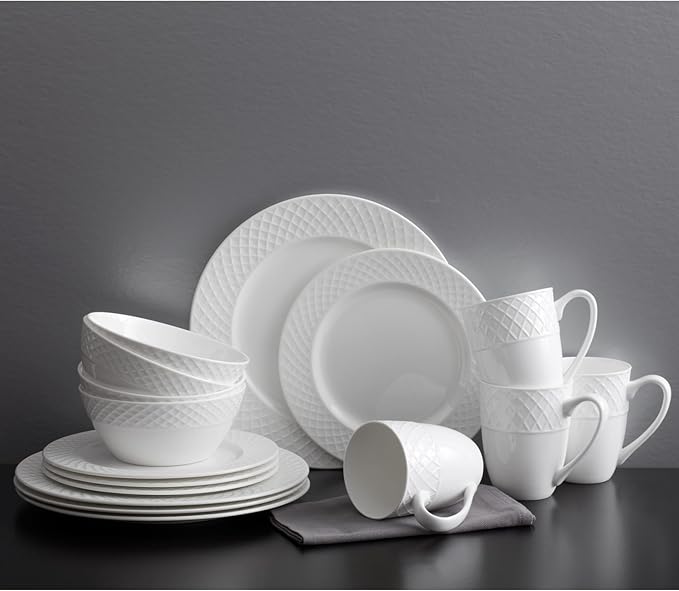 Mikasa Trellis 16-Piece Bone China Dinnerware Set, White, Includes Dinner Plates, Salad Plates, Cereal Bowls and Mugs, Dishwasher Safe