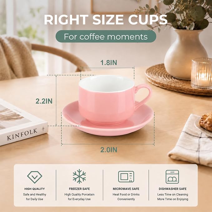 3 Ounce Espresso Cups Set of 4, Stackable Demitasse Mugs, Includes Display Stand, Cups Saucers, and Spoons, for Machines & Home Use, Pink, Silver Tone