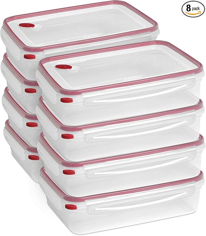 Sterilite Ultra-Seal 16 Cup Rectangle, Airtight Food Storage Container, Latching Lid, Microwave and Dishwasher Safe, Clear with Blue Gasket, 8-Pack