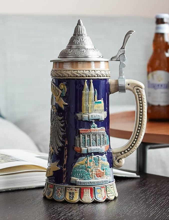 HAUCOZE Beer Stein Mug German Coats of Arms Drinking Viking Tankard with Pewter Lid Birthday Gifts for Men Father Husband 0.6 Liter