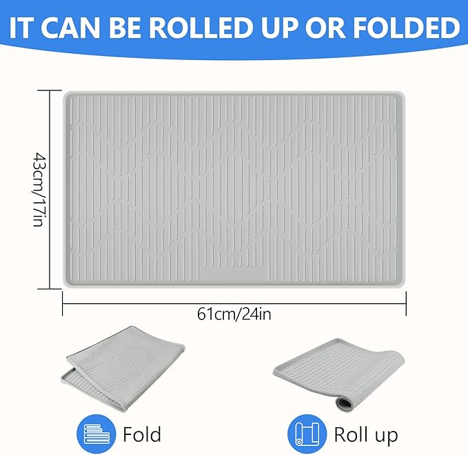 24" x 17" Silicone Dish Drying Mat for Kitchen Lanstics Drying Kitchen Mat Versatile Silicone Mat for Dishes Non-Slip Drying Mat Fast Dry Kitchen Counter Drying Mat for Home Coffee Bar Accessories