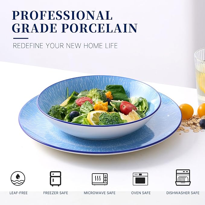 Bestone 12-Piece Round Porcelain Dinnerware Set, Service for 4, Chip Resistant Plates and Bowls,Blue, Dishwasher & Microwave Safe for Home Daily Use