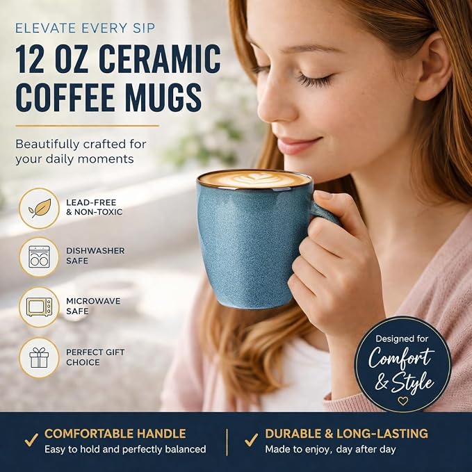 GBHOME Ceramic Coffee Mugs Set of 4, 12oz Stoneware Coffee Mugs Set For Dad Mom Women MEN, Light Weight Ceramic Coffee Cups for Latte/Tea/Beer/Hot Cocoa, Dishwasher & Microwave Safe