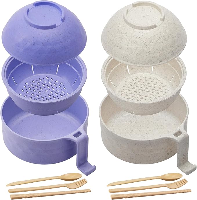 2 Sets Microwave Ramen Bowl 40 oz Wheat Fiber Portable Instant Noodle Cooker Bowl with Handles Strainer Spoon Chopstick Fork College Dorm Room Apartment Essentials(Beige, Purple)