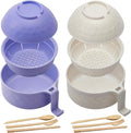 2 Sets Microwave Ramen Bowl 40 oz Wheat Fiber Portable Instant Noodle Cooker Bowl with Handles Strainer Spoon Chopstick Fork College Dorm Room Apartment Essentials(Beige, Purple)