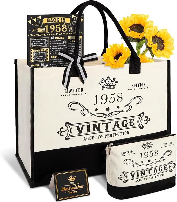 YeohJoy 68th Birthday Gifts for Women Canvas Tote Bag Travel Gear, Unique 68 Years Old Birthday Gifts for Mom Aunt Friends Wife Sister Her, Vintage 1958 Handbag & Cosmetic Bag & Back in 1958 Poster