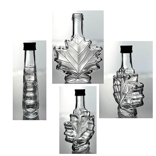 North Mountain Supply Maple Leaf Glass Syrup Bottle – 3.4 fl oz (100 ml) – Black Metal Lid – Case of 12 – Ideal for Maple Syrup, Honey, or Homemade Gifts