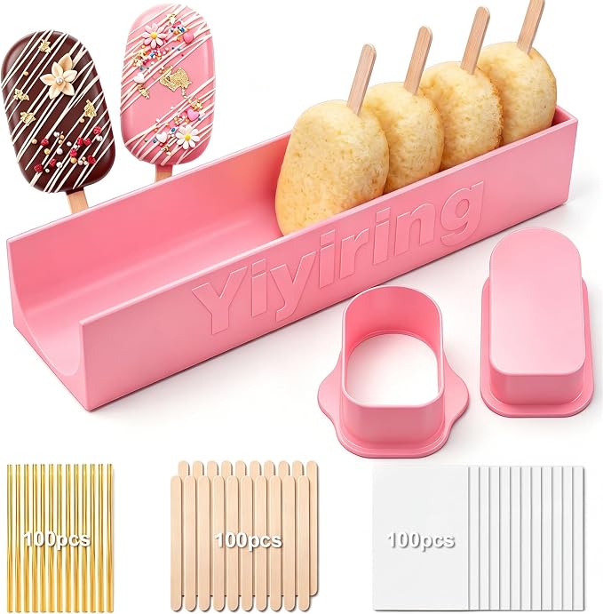 3in Cakesicle Cutter with 9in Tray, Cakesicle Mold Set with 100 Sticks, 100 Bags and 100 Ribbons, Baking Tools for Home Baking, Birthday Parties, Wedding Desserts(Pink,3in,Single Slot)