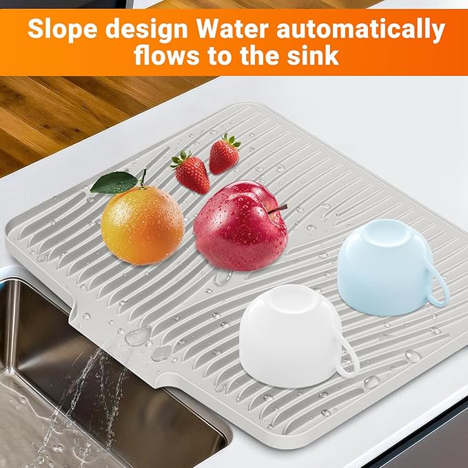 Silicone Dish Drying Mat for Kitchen Counter, Dish Drying Pad, Non-Slip Drain Pad with Built-in Drain, Heat Resistant Stone Drying Mat