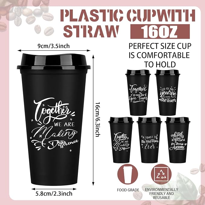 Pickmesh 60 Pcs Employee Appreciation Gifts Bulk 16 oz Plastic Tumblers with Lids Graduation Teacher Appreciation Gifts Reusable Coffee Cups for Staff Volunteer Coworker Team (Black)