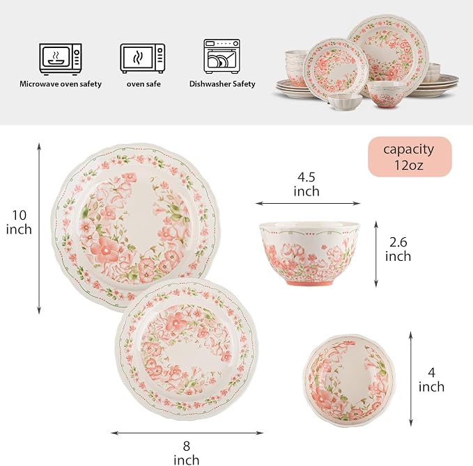 16-Piece Dinnerware Set for 4, Ceramic Plates and Bowls Sets, Microwave & Dishwasher Safe Dish Sets for Daily Use & Gifting, with Morning Bloom Floral Vine Pattern