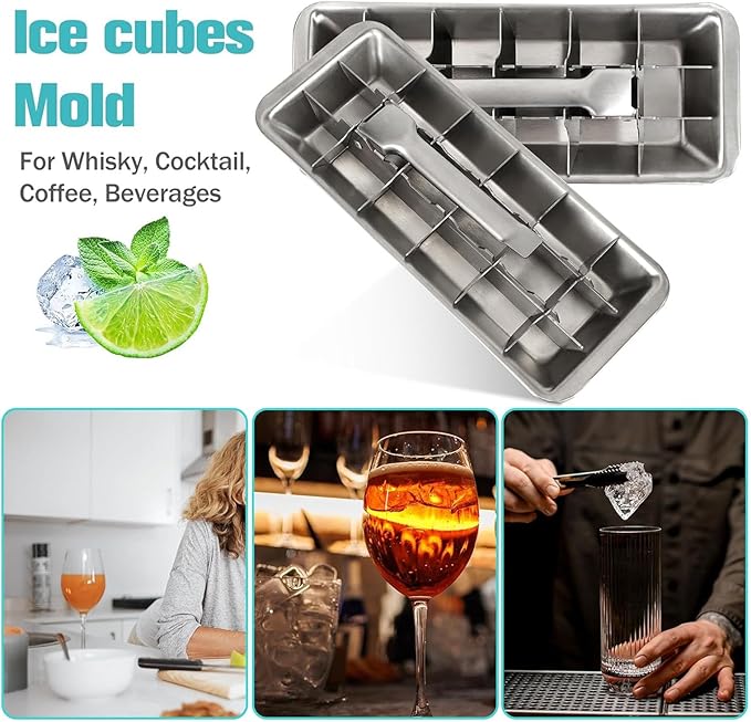 Metal Ice Cube Trays, Stainless Steel Ice Cube Trays, 18-Slot Ice Cube Tray with Easy Release Handle, Detachable Ice Trays for Bars Kitchens Dishwasher, Stainless Steel Ice Cube