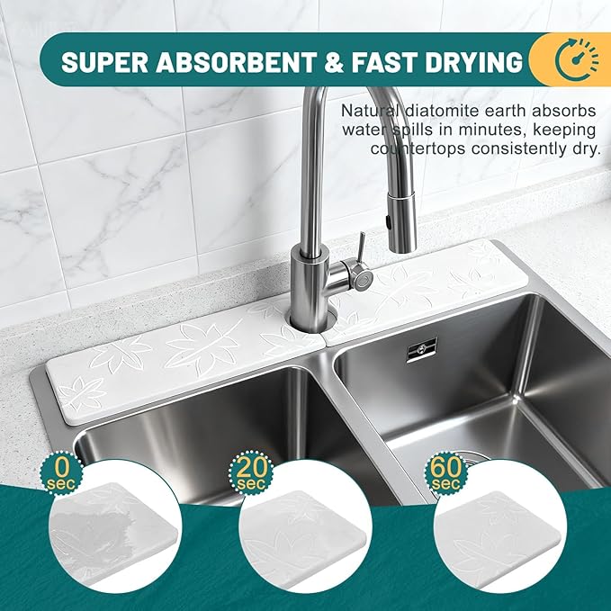Hopegiver Stone Faucet Mat for Kitchen Sink - Fast Drying Diatomite Sink Protector Prevent Moisture, Super Water Absorbing Stone Tray for Kitchen & Bathroom Counter (White Maple Leaf, 23.6"x3.9")