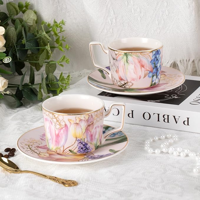 KAMMAK Tea Cups and Saucers Set of 2, Porcelain Coffee Cups, Stackable Espresso Mugs, Ceramic Demitasse for Coffee, Latte, Americano, Tea, Turmeric - Gold