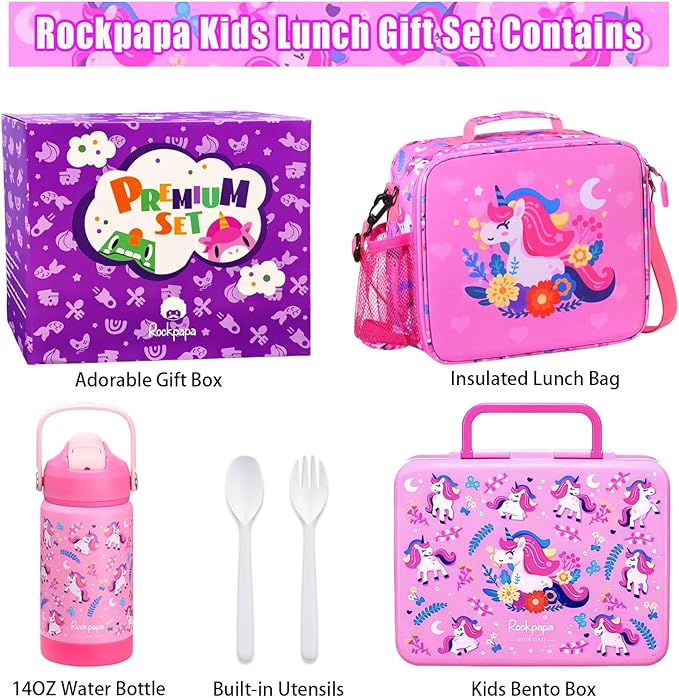 rockpapa Kids Lunch Box Set with 14oz Insulated Water Bottle & Lunch Bag, Leakproof 5.5 Cups Bento Box for School & Children, BPA-Free, Microwave Safe for Boys Girls (Pink Unicorn)