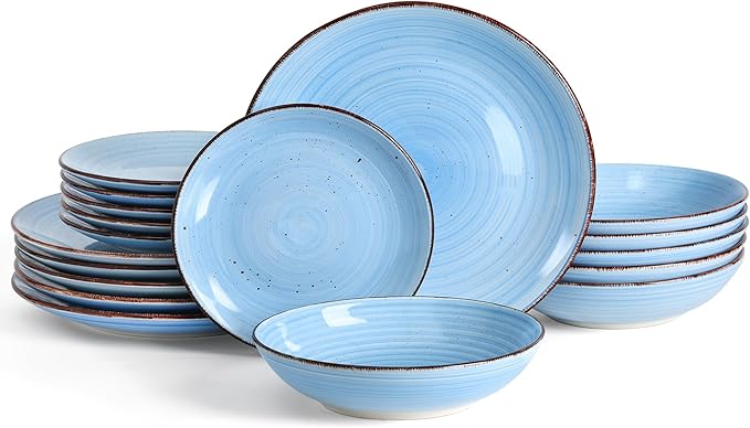 Dinnerware Sets for 6, 18 Piece Plates and Bowls Sets, Stoneware Dishware Sets Kitchen, Scratch Resistant Dishes, Microwave & Dishwasher Safe (Blue, Service for 6(18PCS))