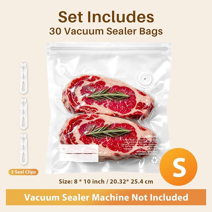 Reusable Vacuum Sealer Bags for Food – 30 BPA-Free Small (8 x 10 in) Food Storage Bags, Freezer Microwave Safe – Odor Resistant, Leak-Proof – Compatible with Compact Vacuum Sealer