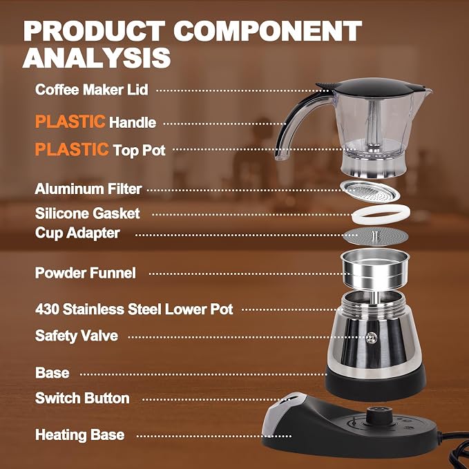 Electric Moka Pot 3-6 Cup 150-300ml Plastic Transparent Stovetop Espresso Maker Portable Stainless Steel Mocha Pot Percolator Italian Coffee Makers Greca Machine Cafe Classic for Home Camping