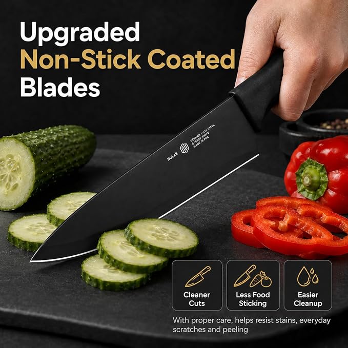 19-Piece Kitchen Knife Block Set with Built-in Sharpener, Upgraded Non-Stick Coating Blades, Ergonomic Handles, Dishwasher Safe, Black