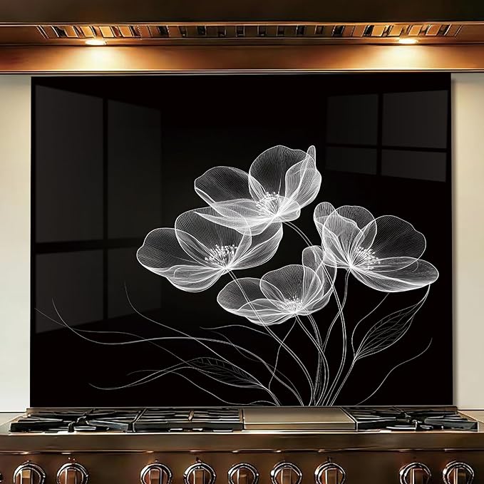 LMSDYSHU Tempered Glass Backsplash for Kitchen, Black line stripes, Frameless, Stove Backsplash Protector for Wall,Easy to Clean, Home Decor (30"x30")