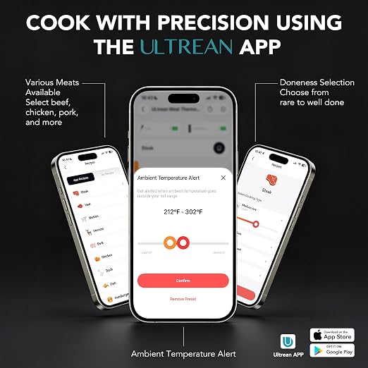 Ultrean Smart Wireless Meat Thermometer for Grilling, Instant Read Digital Thermometer, Independent-Control Magnetic Base & Thin Probe, Accurate Temperature Alerts for BBQ, Oven, Smoker, Air Fryer