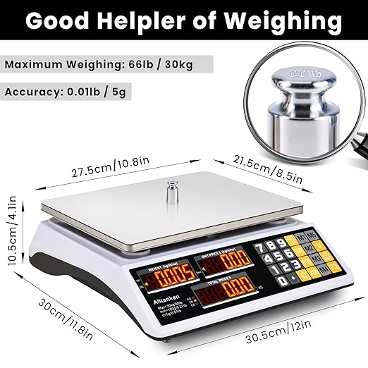 Price Computing Scale 66lb/30kg Commercial Food Scale, lb/kg/oz Conversion with Price Calculator, Counting, Dual LED Display, Flat Reversed Platter, Produce Scale for Farmer Market Retail Meat Shops