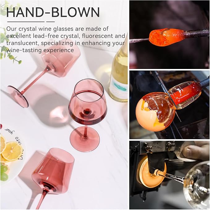 Rose Wine Glasses Set of 6,18oz Rose Wine Glassware Gift Set for Wife & Mom-Colorful Hand Blown Glass Drinkware for Red White Wine