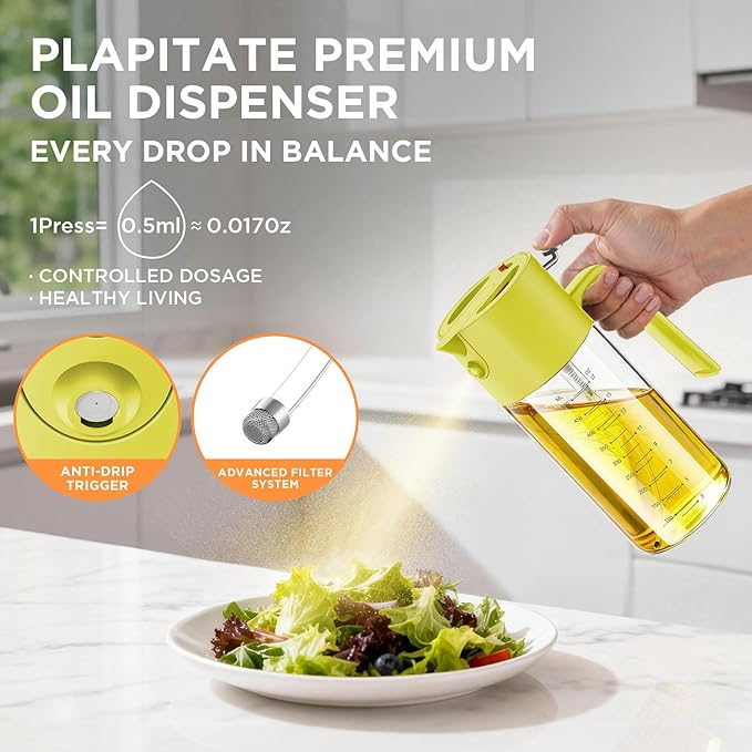PLAPITATE 2Pcs 17oz Premium Olive Oil Sprayer for Cooking, 2 in 1 Glass Olive Oil Dispenser Bottle for Kitchen Gadgets, Spray Bottle with Portion Control for Salad, Frying, BBQ (Black & Lime Yellow)