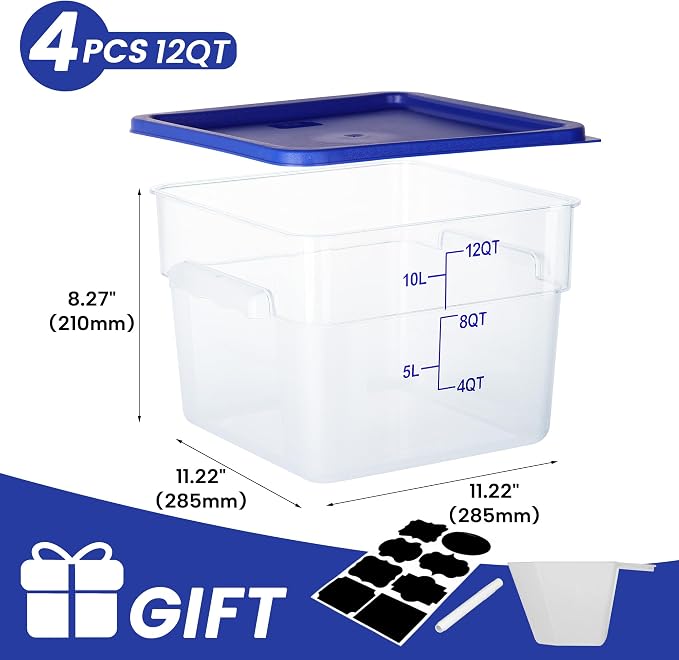BIEAMA 4 Pack Food Storage Containers, 12 Quart with Lids, Square Commercial Containers with Scale, NSF, Polycarbonate, Clear
