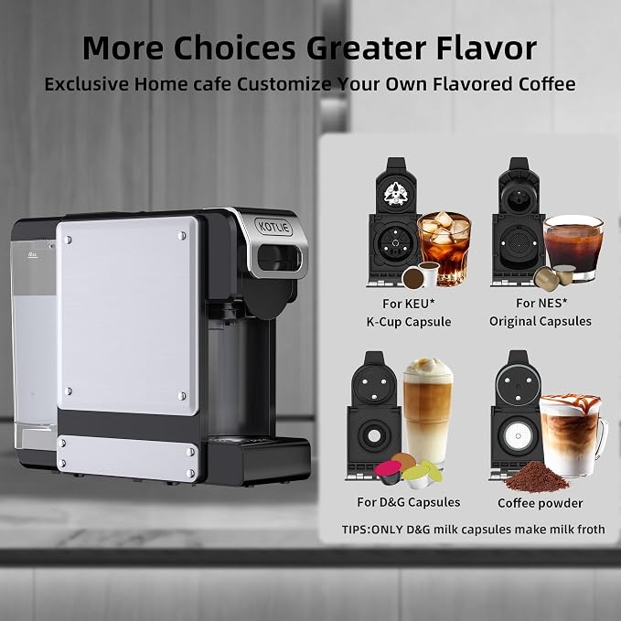 KOTLIE 4-in-1 Espresso Capsule Coffee Machine, Single Serve Coffee Maker for K*cup/Nes/DG/Ground Coffee, 19Bar, 1L,ST-550(silver)